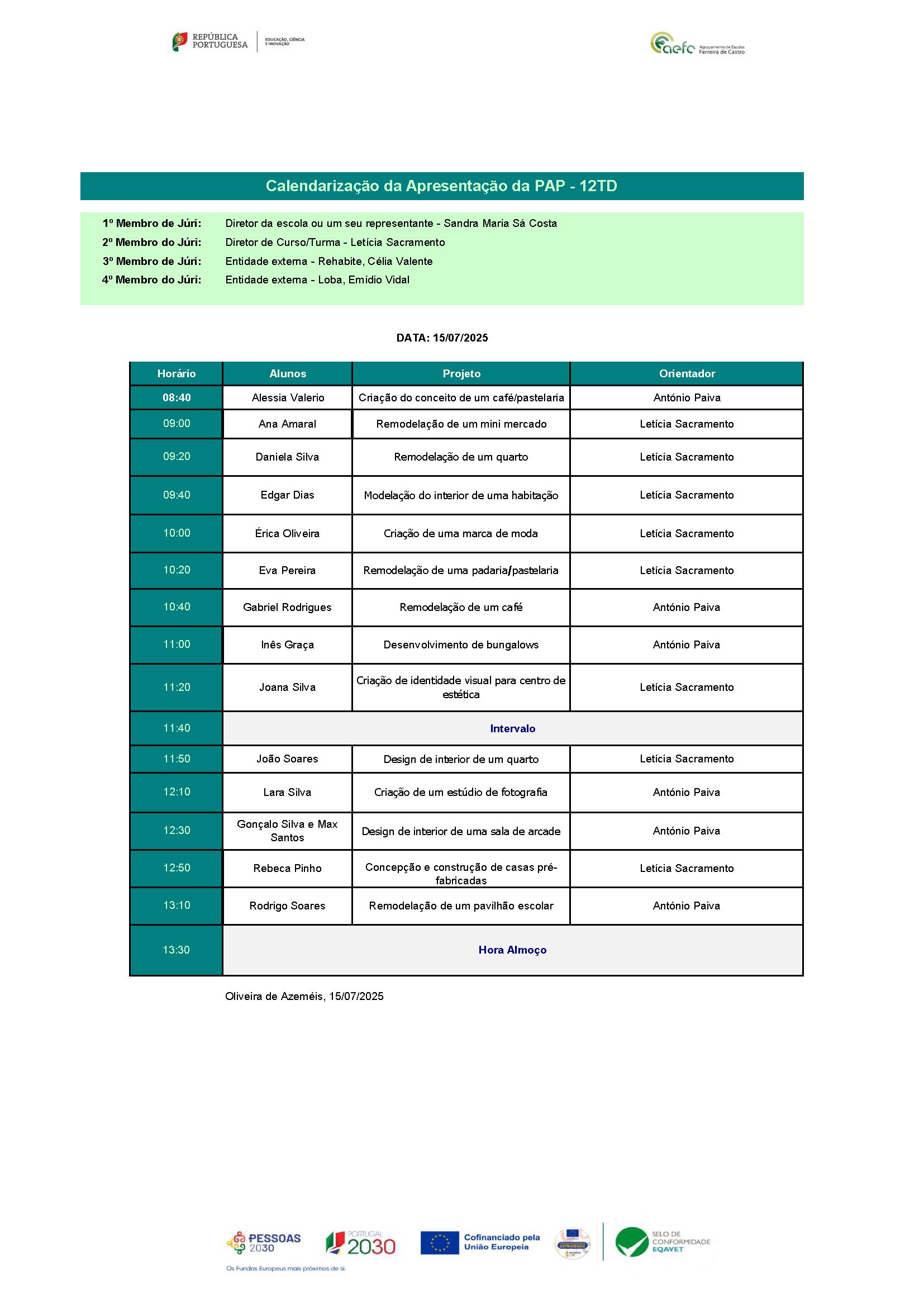Calendario da apresentacao PAP 12TD 24 25