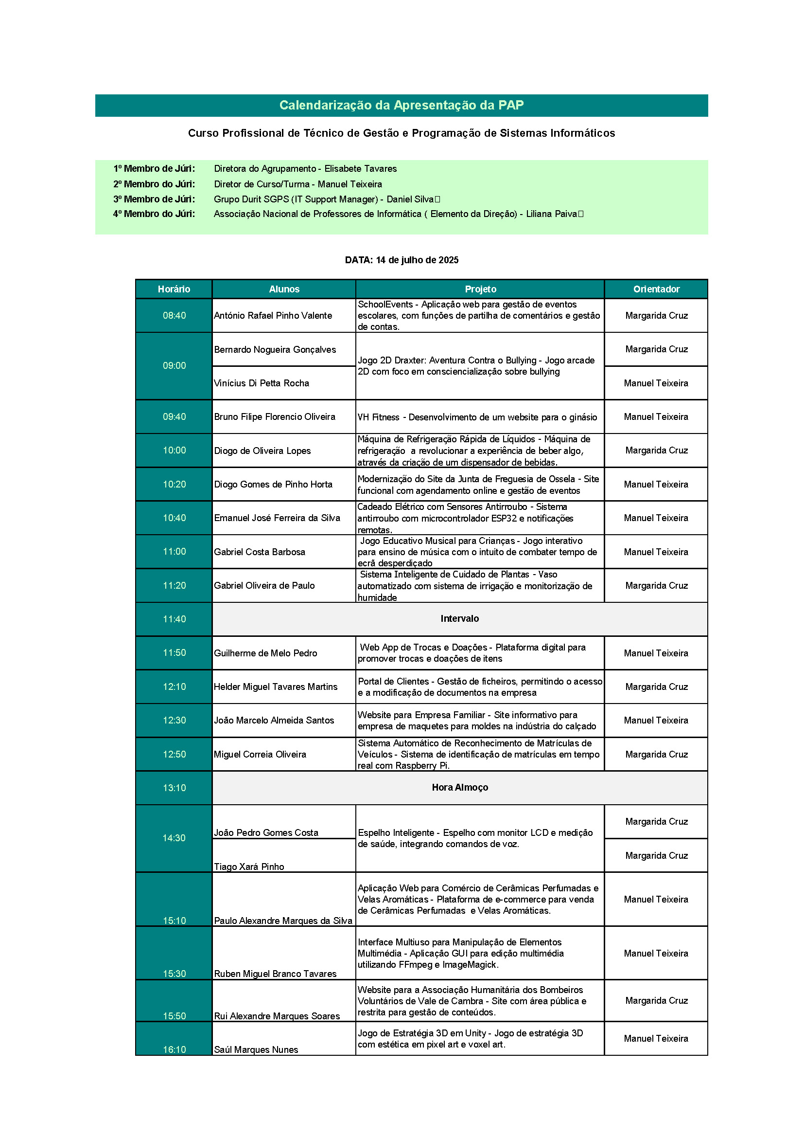 Calendário da apresentação da PAP alunos 24 25 12TGPSI